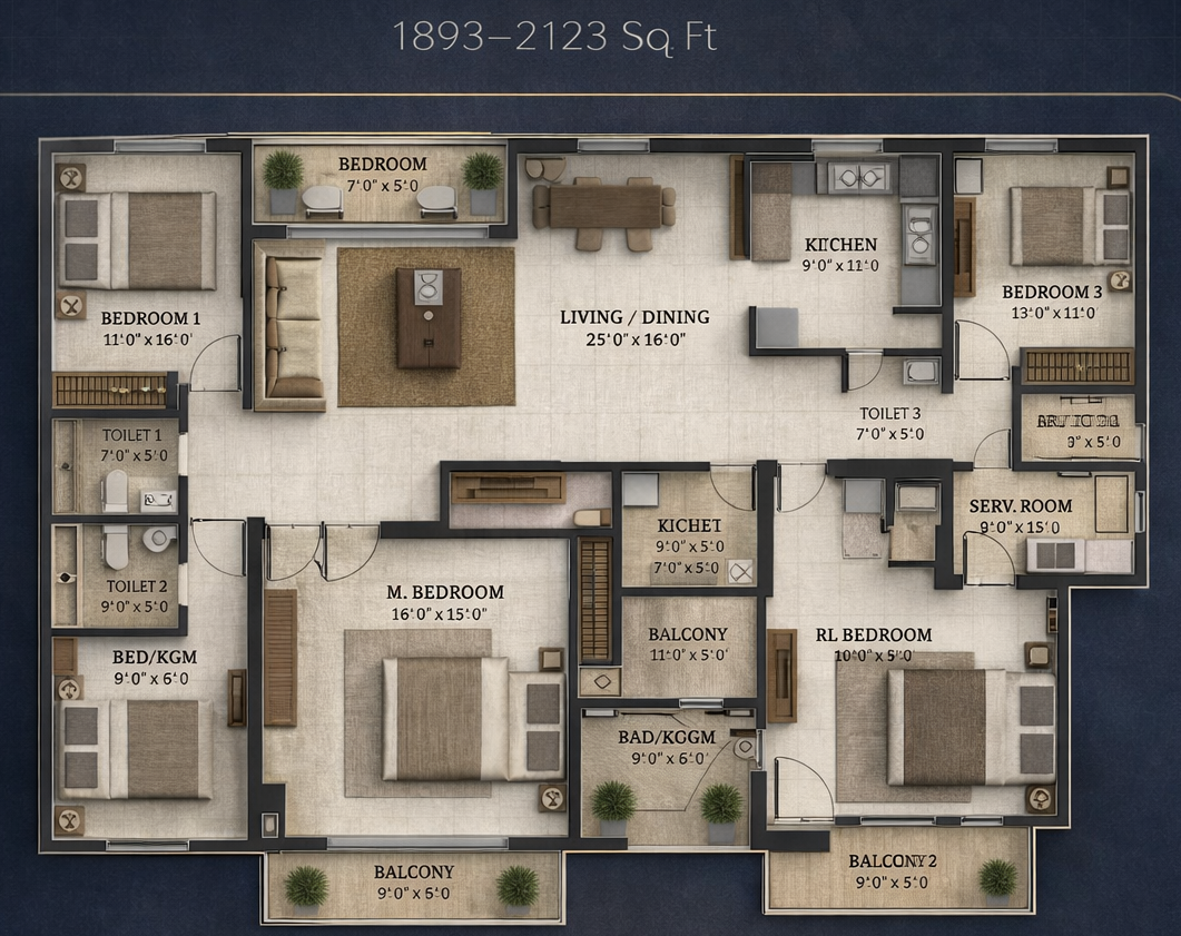 3BHK+S Floor Plan
